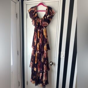 Purple Floral Pleated Chiffon Off Shoulder Tiered Maxi Dress Size M